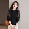 Spring Women's Lace Lantern Sleeve Hook Flower Hollow Knit Sweater Thin Cut with Black Fungus Collar Short Base Top