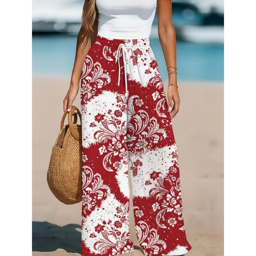 Floral Print Wide Leg Women Pants Spring Drawstring Bohemia Trousers Lady Casual Loose Elastic Waist Pantalonsw Plus Size