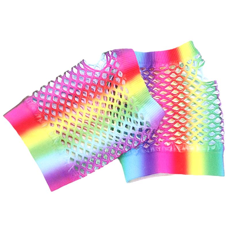 1 pár Dámské sexy síťované rukavice duhové barvy Dámské rukavice bez prstů s otvory Lady Disco taneční kostým Palčáky