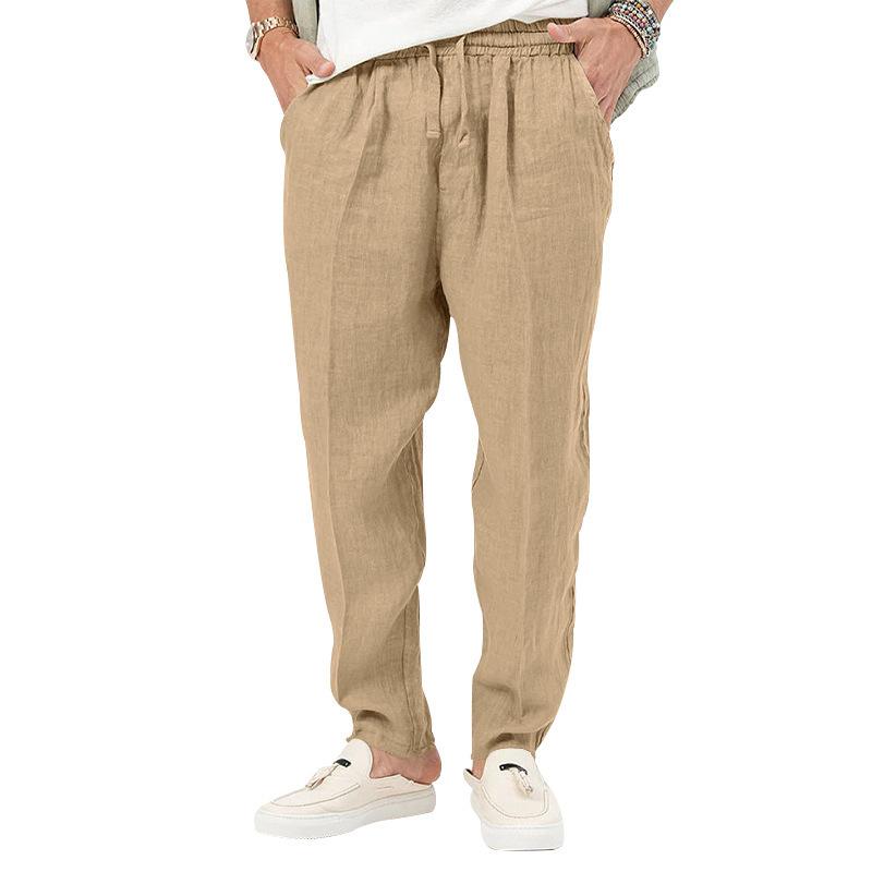 New Thin Section of Men's Fashion Large Size Solid Colour Leisure Drawstring Cotton Linen Trousers Breathable Trousers