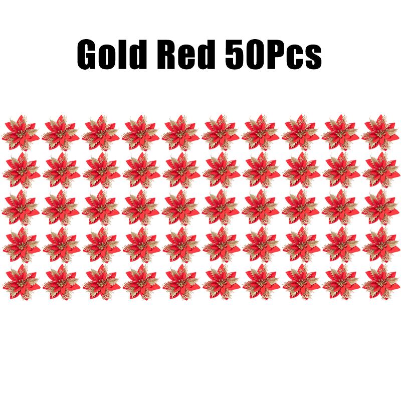 10/30/50PCS Glitter Christmas Flowers Fake Flower Tree Decorations 2026 Home Tree Pendant Ornaments Navidad New Year Gift