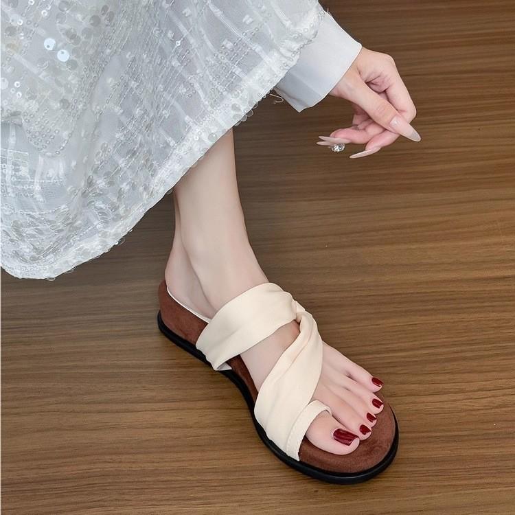 Soft leather~ French round head cover toe cool slippers women's summer outer wear temperament with skirt thick sole with two sandals