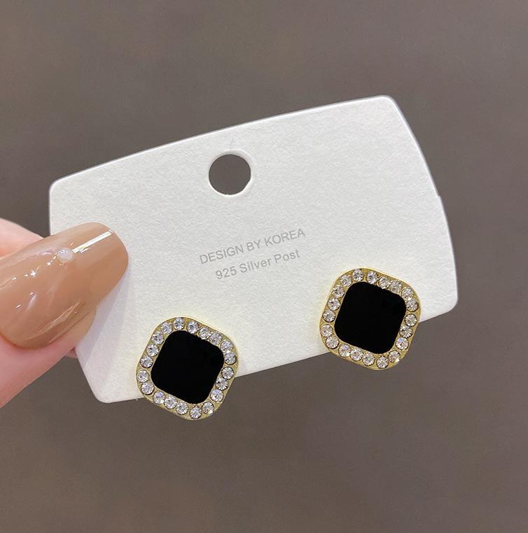 Геометрические серьги-пусеты квадратной формы с полным бриллиантовым паве из серебряной иглы, женские нишевые серьги с чувством дизайна, черные серьги, корейские серьги с простым темпераментом