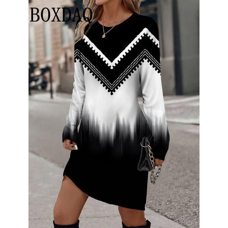 Vintage Print Womens Dresses Casual O-Neck Autumn Dresses For Women Long Sleeve Y2k Female Dress Loose Clothing Vestidos