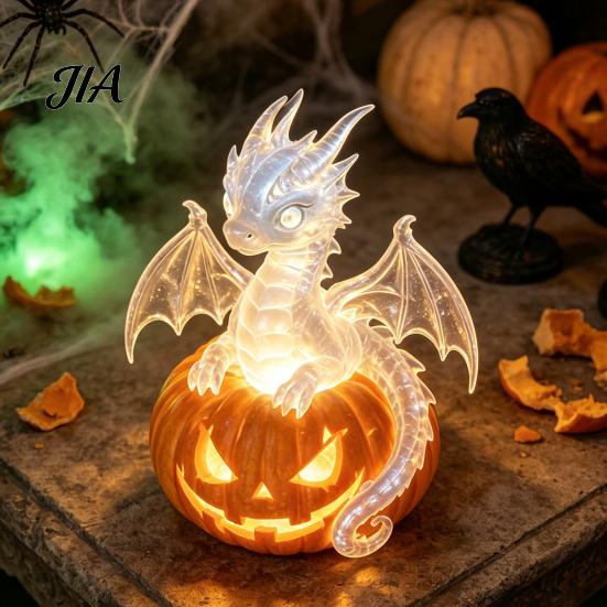 Handmade Three Dimensional Figures Halloween Pumpkin Night Light, Resin LED Dragon Tabletop Lamp, Witch Dark Fairy Tale Table Lamps Hat Black Cat Crow