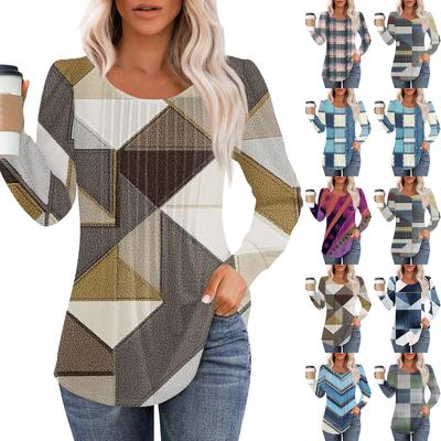 Damenmode Lässig Plissiert Rundhals Geometrischer Quadratischer Druck Langarm T-Shirt Top