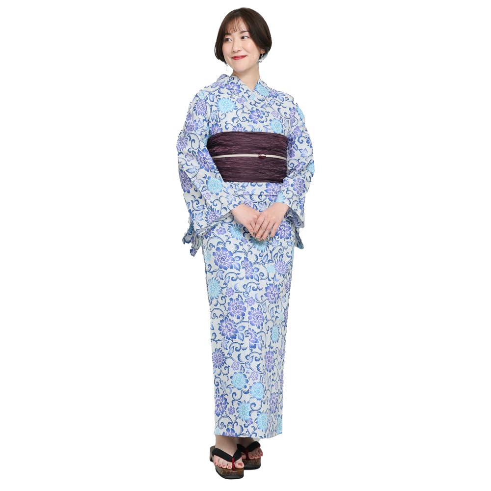 [Kyoto Kimono Yuzen] Women s Yukata Set with Heiko Obi (2-piece set) - Blue with Floral Pattern (Peony, Arabesque, Cherry Blossom) - Waterfall Flow