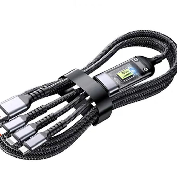 100W 3-in-1 Fast Charging Cable with Transparent Display for Apple, Huawei, Android