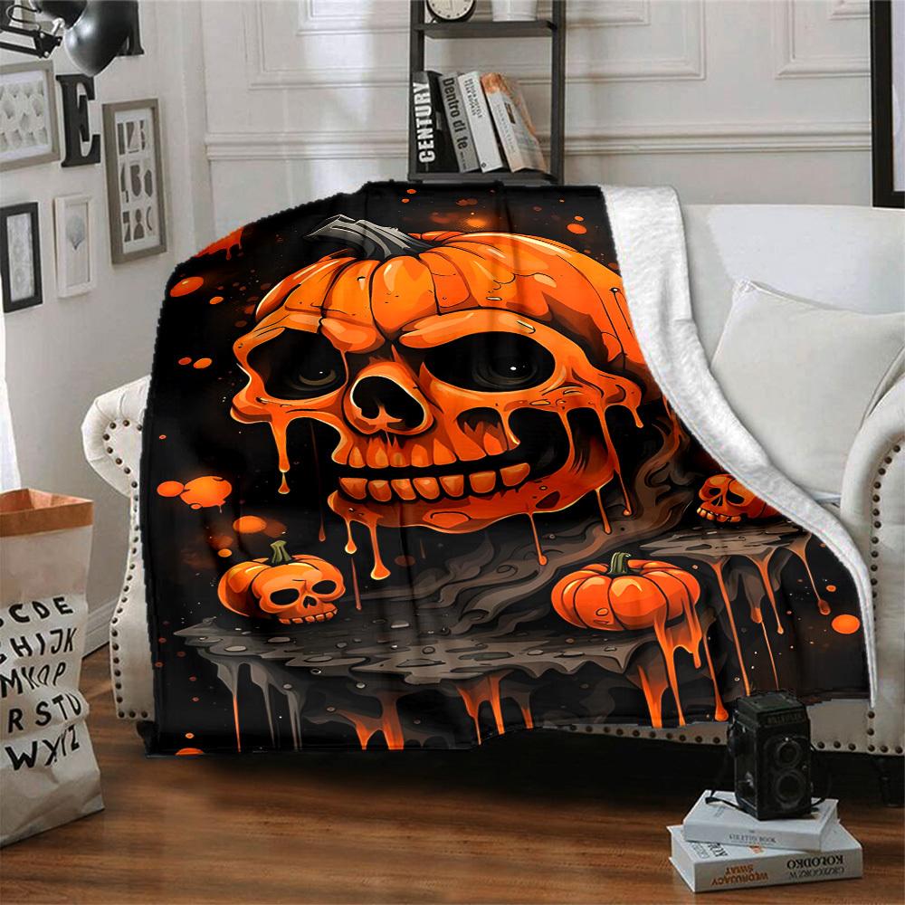 1PC Pumpkin Skull Halloween Decoration Print Blanket, Soft Throw Blanket - Warm & Cozy for Couch, Bed, Office, and Travel Yy250912216