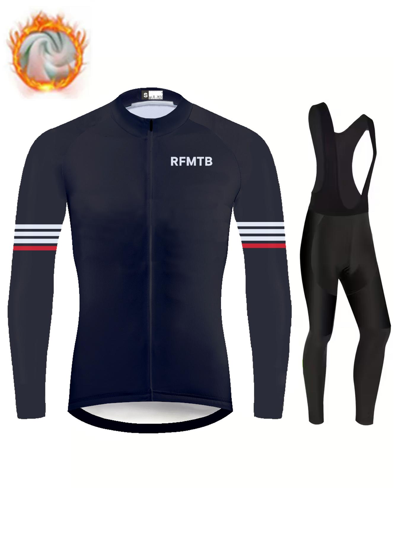 Winter Cycling Jersey Sets Thermal Fleece Bike Jersey + Bib Pants, Long Sleeve Cycling Clothing Sets for Man2026 Winter Fleece Warm Cycling Suit Set S