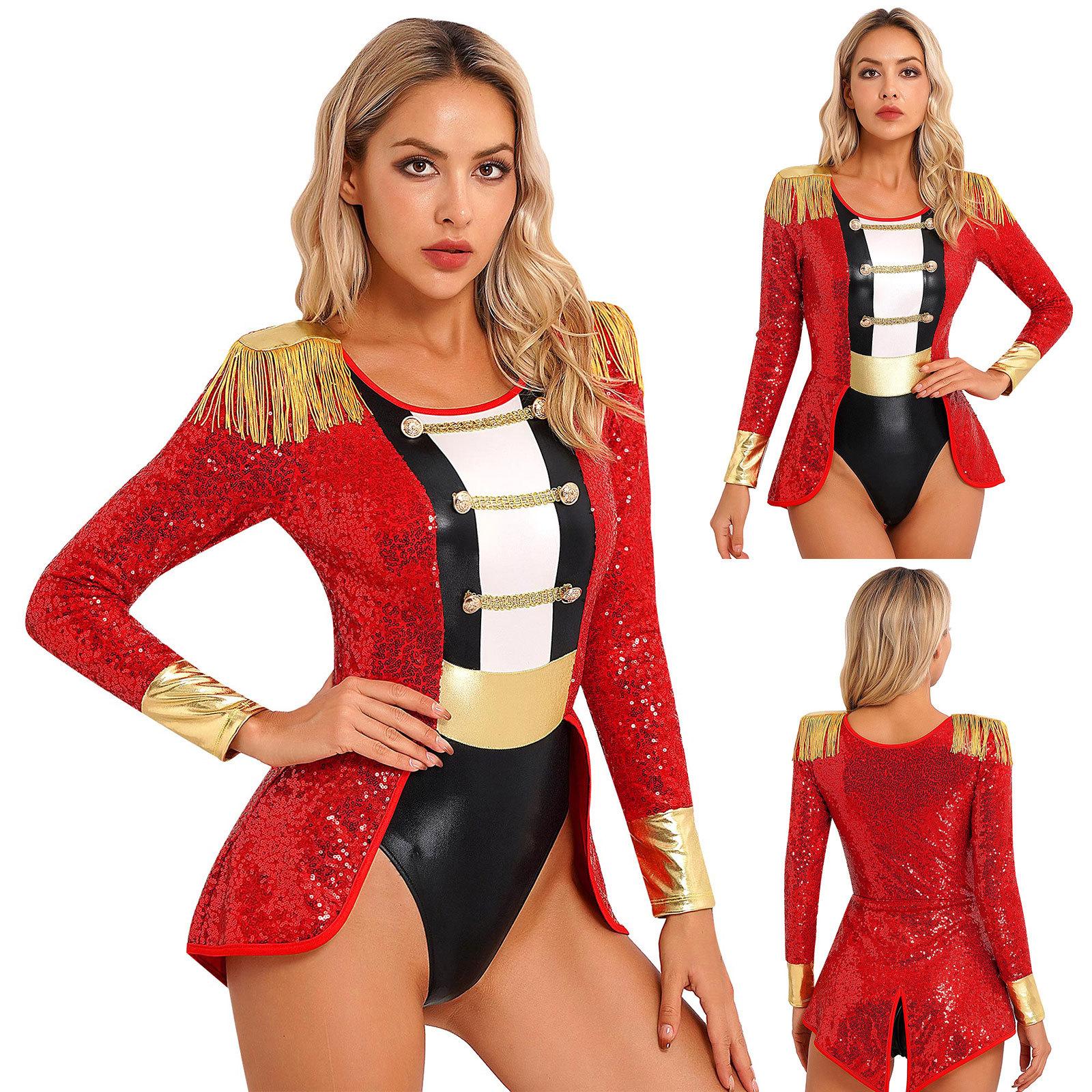 Traje de circo cosplay feminino borla lantejoulas tema festa ringmaster bodysuit macacão S vermelho