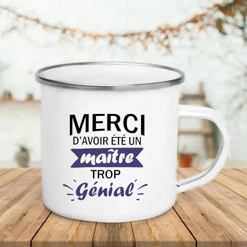 French Super Teacher Print Mugs Creative Coffee Cups Drinks Water Milk Cup Enamel Mug School Home Handle Drinkware Teacher Gifts