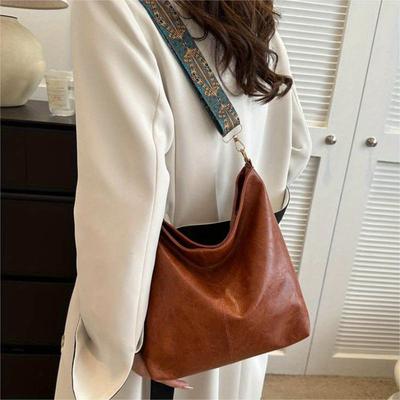 Boho Chic Faux Leather Shoulder Bag for Women Large Capacity Crossbody Tote with Vintage Wide Strap Casual Commuter Hand Bill