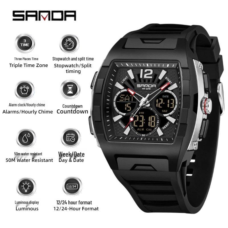 Sanda Men's Sports Barrel-Shaped Luminous Countdown Watch with Triple Time Zone and Dual Display, Waterproof Design.