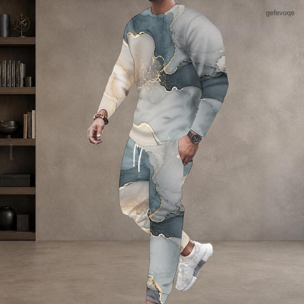 Men Plus Size White Printed Two Piece Set Round Neck Long Sleeve Top Cuffed Pants