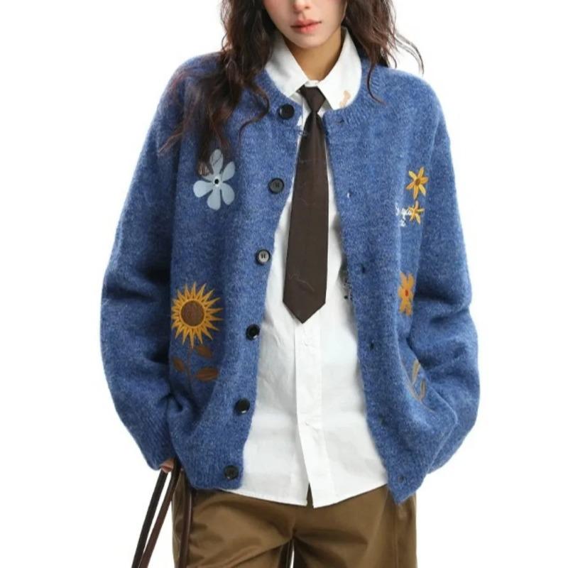 DIMANAF 2026 Otoño Invierno Nuevo Suéteres de Talla Grande para Mujer Cárdigan Camisa de Punto Bordado Floral Manga Larga Cuello Redondo Tops Casuales para Señora