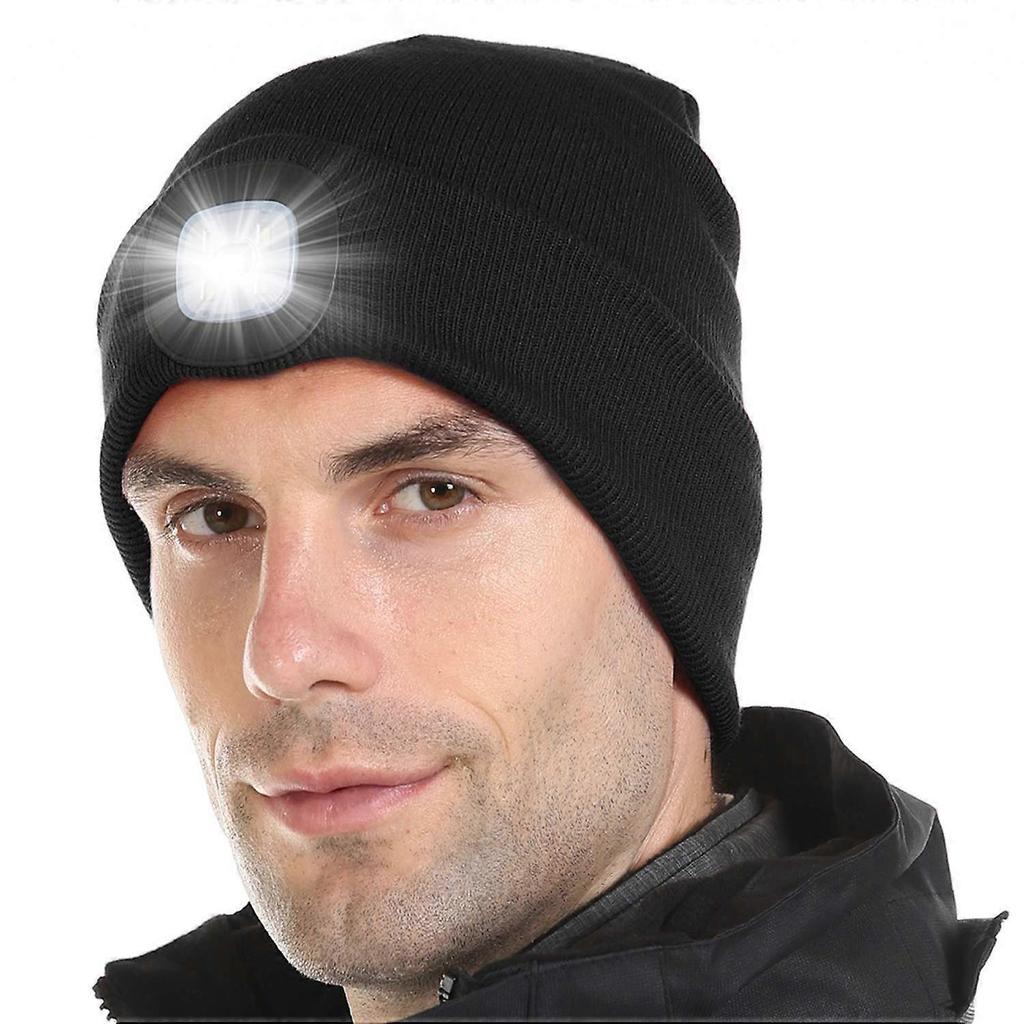 LED Lighted Beanie Cap for Adults, USB Rechargeable 4 LED Headlamp Hat, Unisex Winter Knit Hat Torch