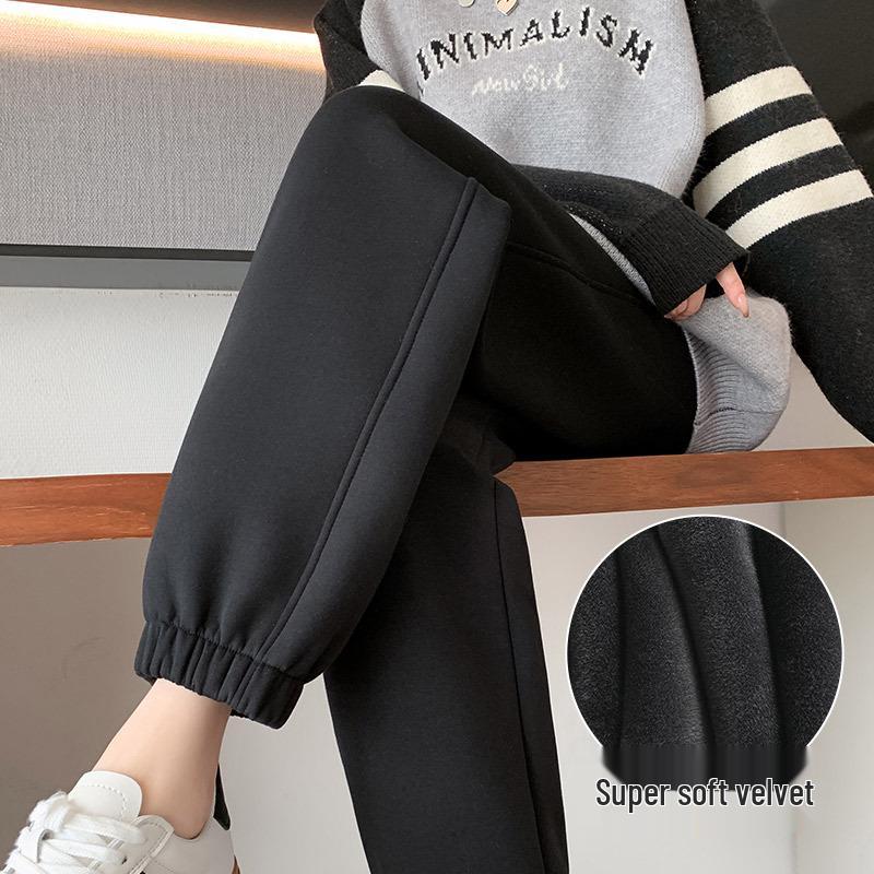 Women's High-Waist Fleece-Lined Cuffed Sweatpants - Thick Grey Joggers for Autumn/Winter 2024