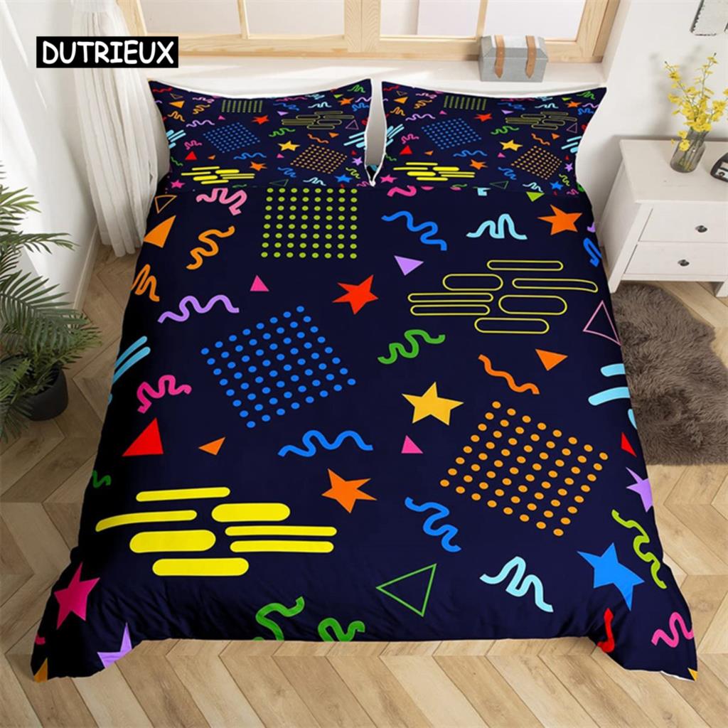 Psychedelic 3D Geometric Duvet Cover Microfiber Colorful Pop Abstract Art Comforter Cover Retro 80s Style Bedding Set Queen Size