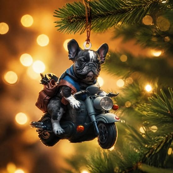 Unique Xmas Window Ornament Puppy Riding Motorcycle Car Pendant, 2D Flat Acrylic Rearview Fun Holiday Accessories Mirror Hanging Charm, Christmas
