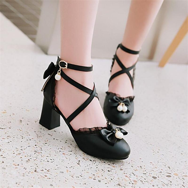 Girls Cross Strap Women Spike High Heels Mary Jane Shoes Party Wedding Cosplay White Pink Ruffles Bow Princess Lolita Pumps32-43