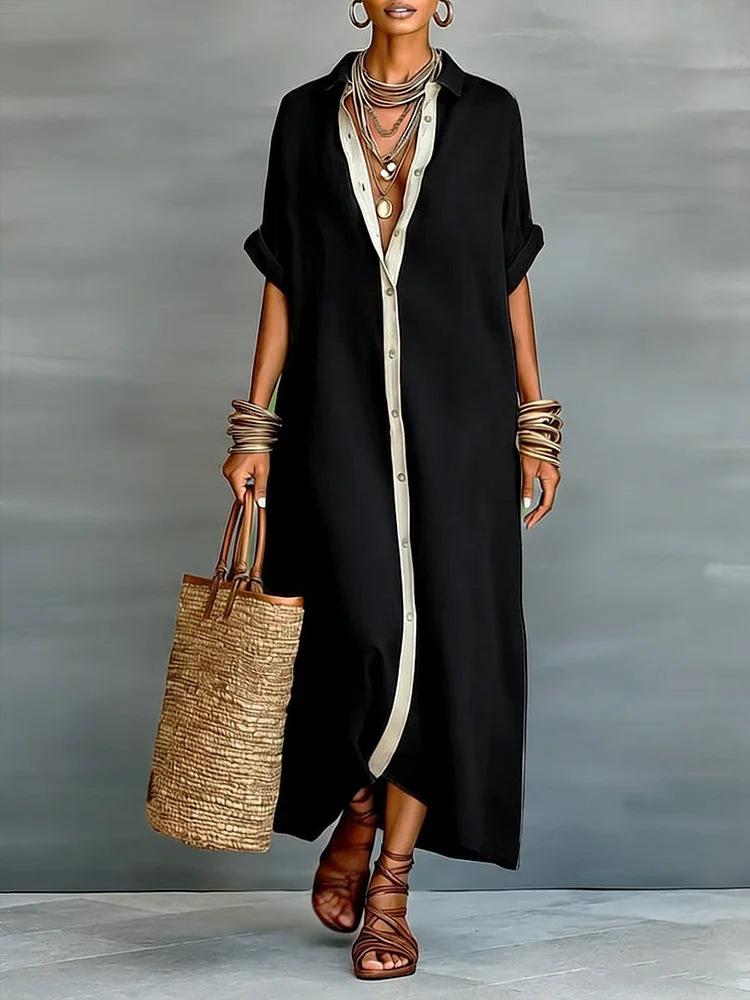 2026 Spring Collection: Europe & America Women s Color Block Cotton Linen Shirt Dress XXL чёрный