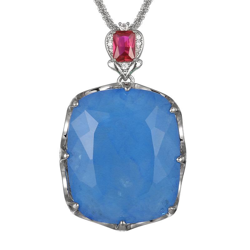 Large Cushion Cut Blue Stone Necklace Adjustable Ring Red Accent Statement Jewelry for Women Big Blue Gem Cocktail Party Gift