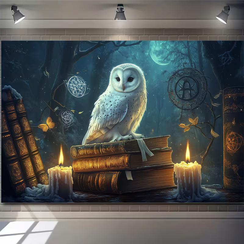 Witchcraft Owl Wall Hanging, Moonlit Night with Grimoires 47.2x31.5inch/120*80cm