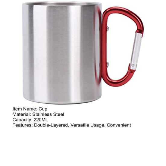 Stainless Steel Cup 220ml Double-layered Cup for Camping Traveling Handle Carabiner Backpacking Hiking Portable