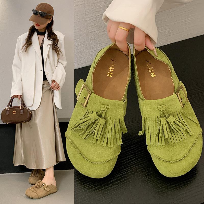 Mode Neue Mode Quasten Echtes Leder Handgefertigt Weiter Zeh Damenschuhe 2025 Lässig Übergröße Weiche Damen Slipper Damen Flache Schuhe
