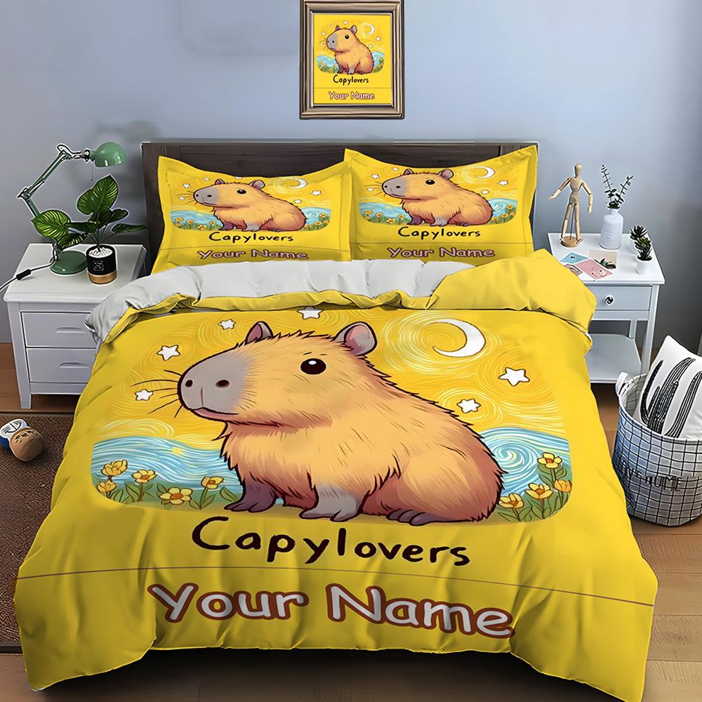 Comforter Personalization Custom Name Cartoon Capybara Print 3 Pieces Setting Bed King Size Bedroom Bed Set Gifts