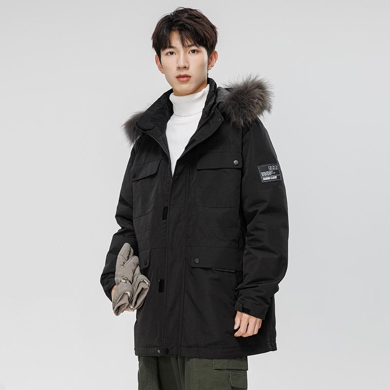 New down jacket men's medium and long large fur collar hooded jacket winter tooling trendy brand sports and leisure warm coat