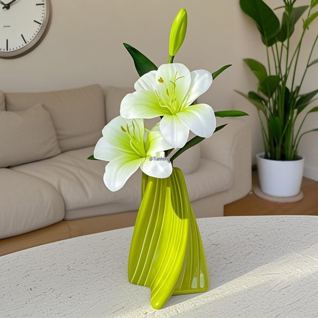 Lily Green Decorative Floral Arrangement in Ceramic Vase - Luxury Artificial Flowers for Living Room Decor