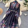 Vintage Black Floral Printted Maxi Dress Long Chiffon Sleeve Elegant Spring Palace Print Single-breasted Shirt Dress with Belt