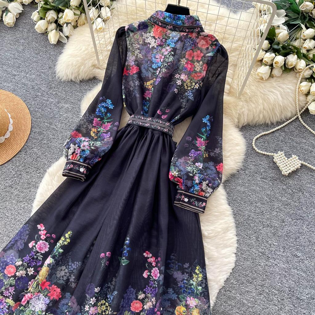 Vintage Black Floral Printted Maxi Dress Long Chiffon Sleeve Elegant Spring Palace Print Single-breasted Shirt Dress with Belt