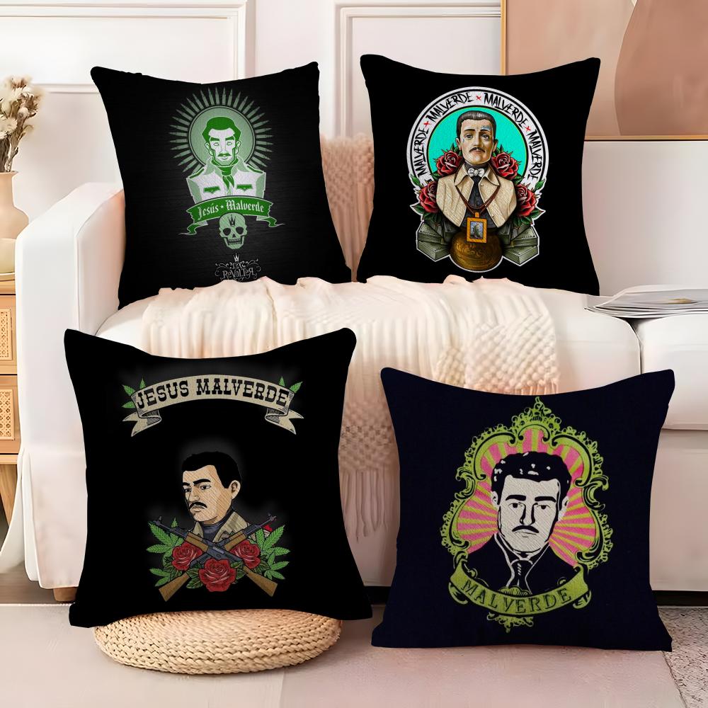 J-Jesus Malverde Cushion Cover Soft Plush Fabric Double-Sided Printed Sofa Cushion Cover for All Seasons Home Decor Gift