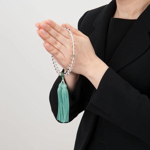 Buddhist Altar Shop Takita Shoten Kyoto Buddhist Prayer Beads for Women, Genuine Crystal and Indian Jade Beads, 8mm Beads, Silk Tassel with Head, Pray