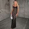 European and American Women's Clothing Winter New Fashion V-neck Halter Lace Splicing Sexy Slim Solid Color Suspender Dress