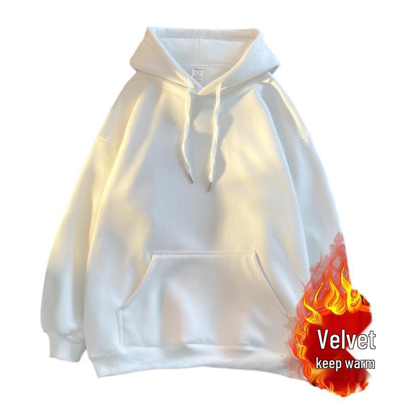 Men's Solid White Loose Fleece Hooded Sweatshirt, Autumn/Winter 2024 Collection