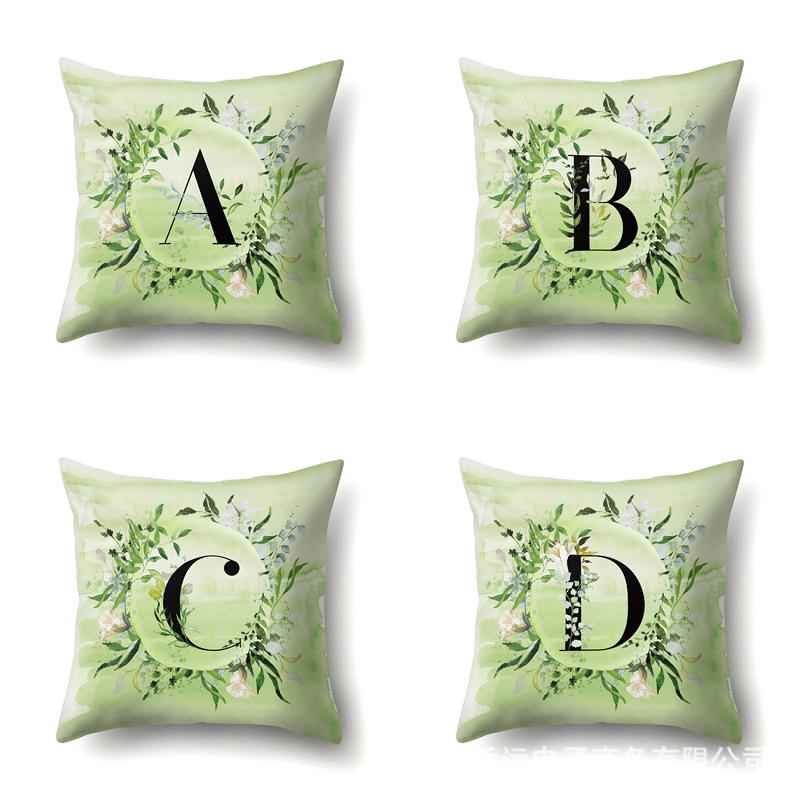Polyester Pillowcase Car Decoration Small Fresh Green Leaves 26 English Letter Printing Pillow Cushion Cover