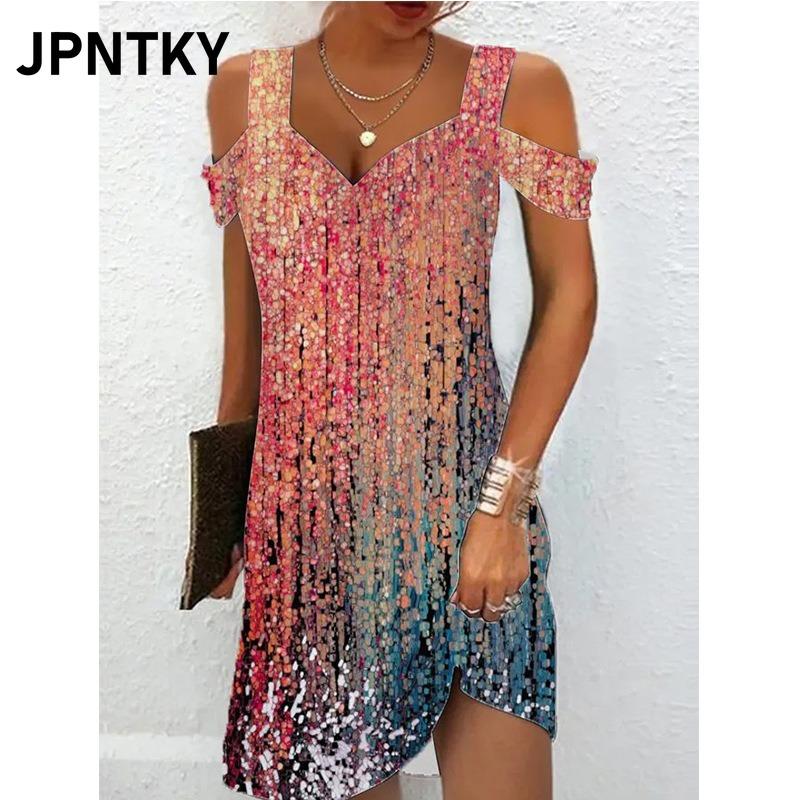 JPNTKY Fashion Summer Spring V-Neck Short Sleeve Casual Dresses