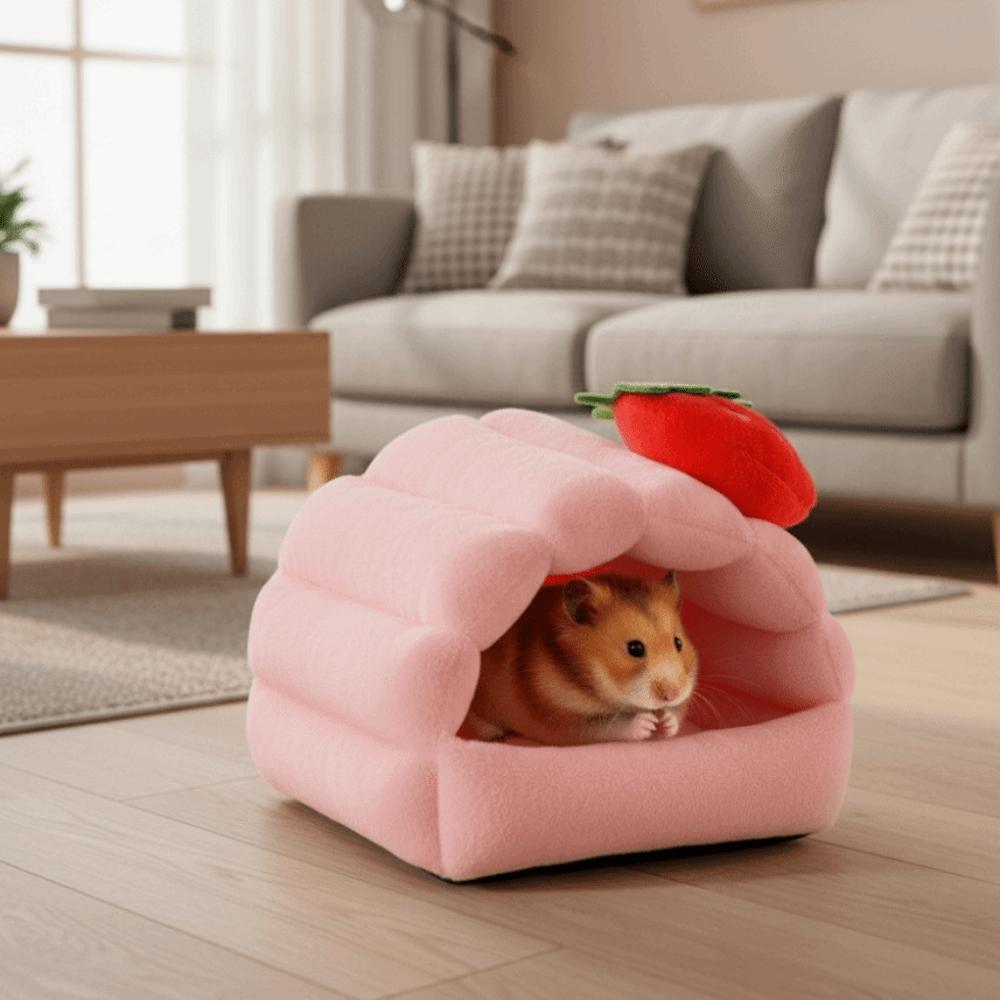 Warm Hamster Cotton Nest Thickened Cartoon Small Pet Sleeping House Strawberry Design Windproof Animal Rest Shelter
