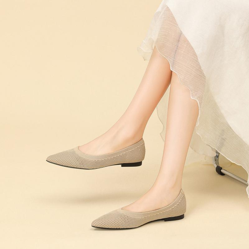 Gestrickte Einzelschuhe Damen neue Ein-Pedal-Weichsohlen-Fliegenstrickschuhe hohl und atmungsaktiv flachmündig spitz flache Schuhe