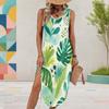 Women Plus Size U Neck Sleeveless Green Beige Tropical Leaf Printed High Side Slit Dress