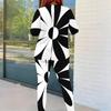 Women Plus Size Two Piece Set Round Neck Long Sleeve Floral Printed Top And Fitted Pants Black White