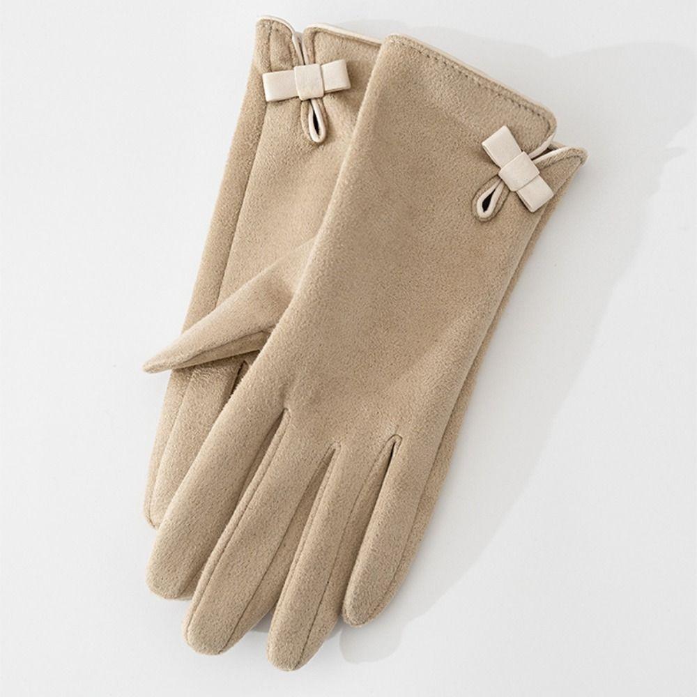 Velvet Pu Leather Gloves Bownot Women Cycling Mittens All-Match Winter Bow Suede Gloves  Winter