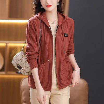 Damen Herbst Kurzer Taschen-Cardigan Strickjacke Mittleren Alters Locker Kapuzenjacke