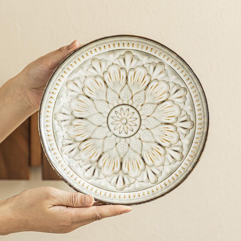 Ceramic Plate, Exquisite Pattern Plate, Household Round Plate, Characteristic Relief Plate, Vegetable Plate, Western Food Plate, Dessert Plate.