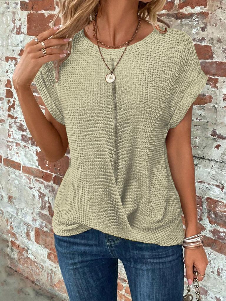 2026 Spring and Summer New Solid Color Round Neck T-shirt Elegant Short Twist Top Women's Clothing Amazon Cross-border Foreign Trade Short Sleeves