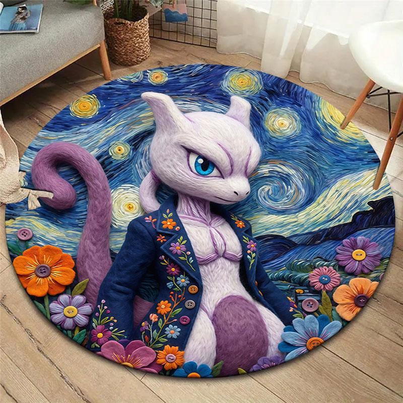 Felt Battle Pokemon Round Area Rug,Carpet Rug for Living Room Bedroom Sofa Playroom Decor,Non slip Floor Mat